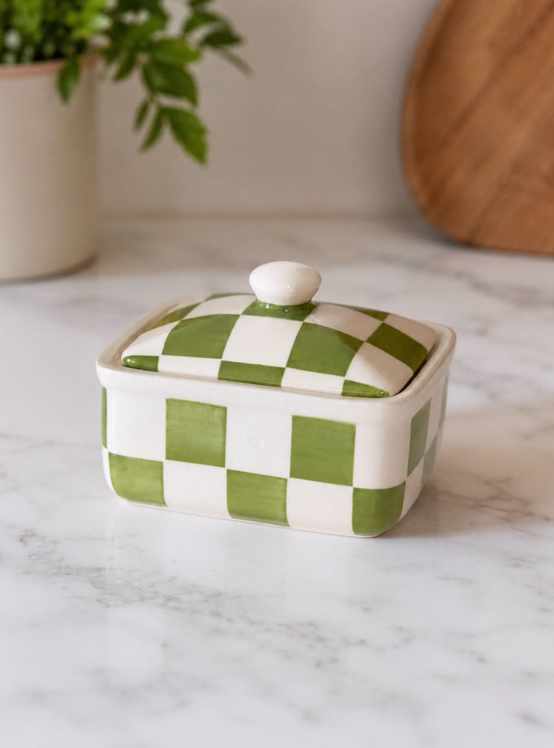 Handmade Green & Cream Stoneware Butter Dish