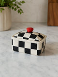 Handmade Black & Cream Stoneware Butter Dish with Red Knob