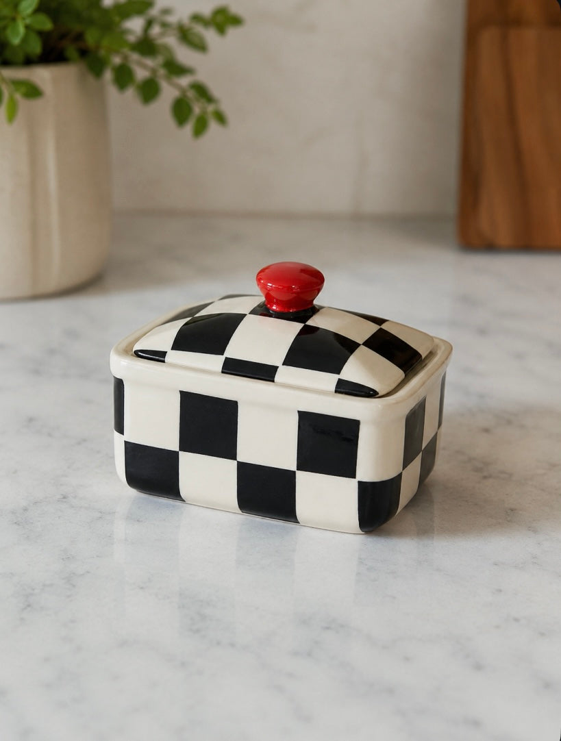 Handmade Black & Cream Stoneware Butter Dish with Red Knob