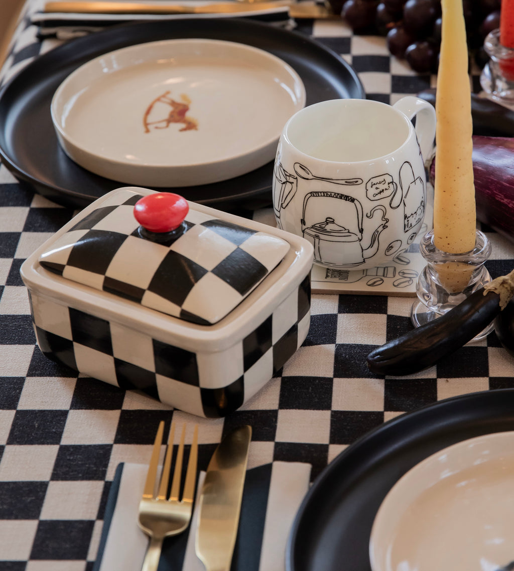 Handmade Black & Cream Stoneware Butter Dish with Red Knob