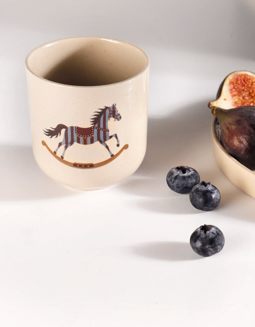 Handmade Blue & Burgundy Striped Carousel Rocking Horse Ceramic Stoneware Handleless Cup