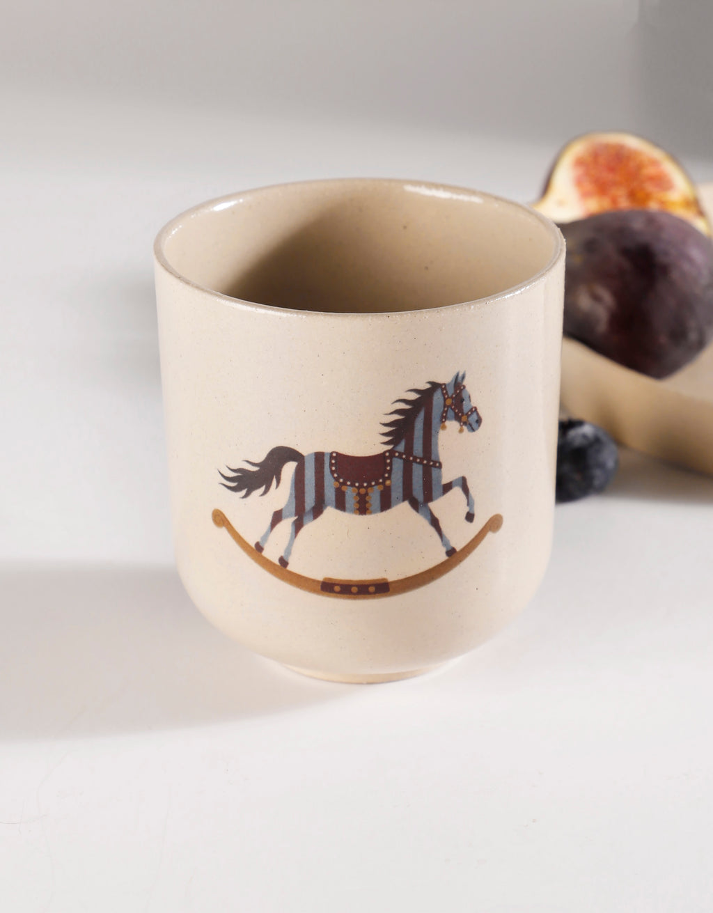 Handmade Blue & Burgundy Striped Carousel Rocking Horse Ceramic Stoneware Handleless Cup