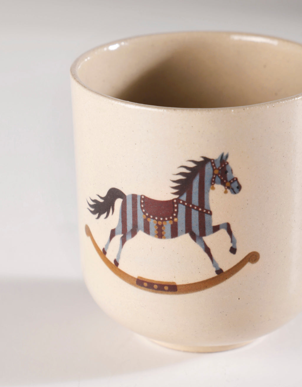 Handmade Blue & Burgundy Striped Carousel Rocking Horse Ceramic Stoneware Handleless Cup