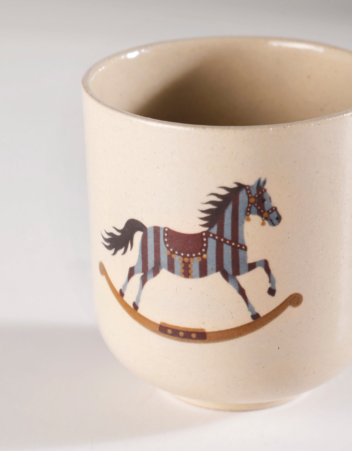 Handmade Blue & Burgundy Striped Carousel Rocking Horse Ceramic Stoneware Handleless Cup