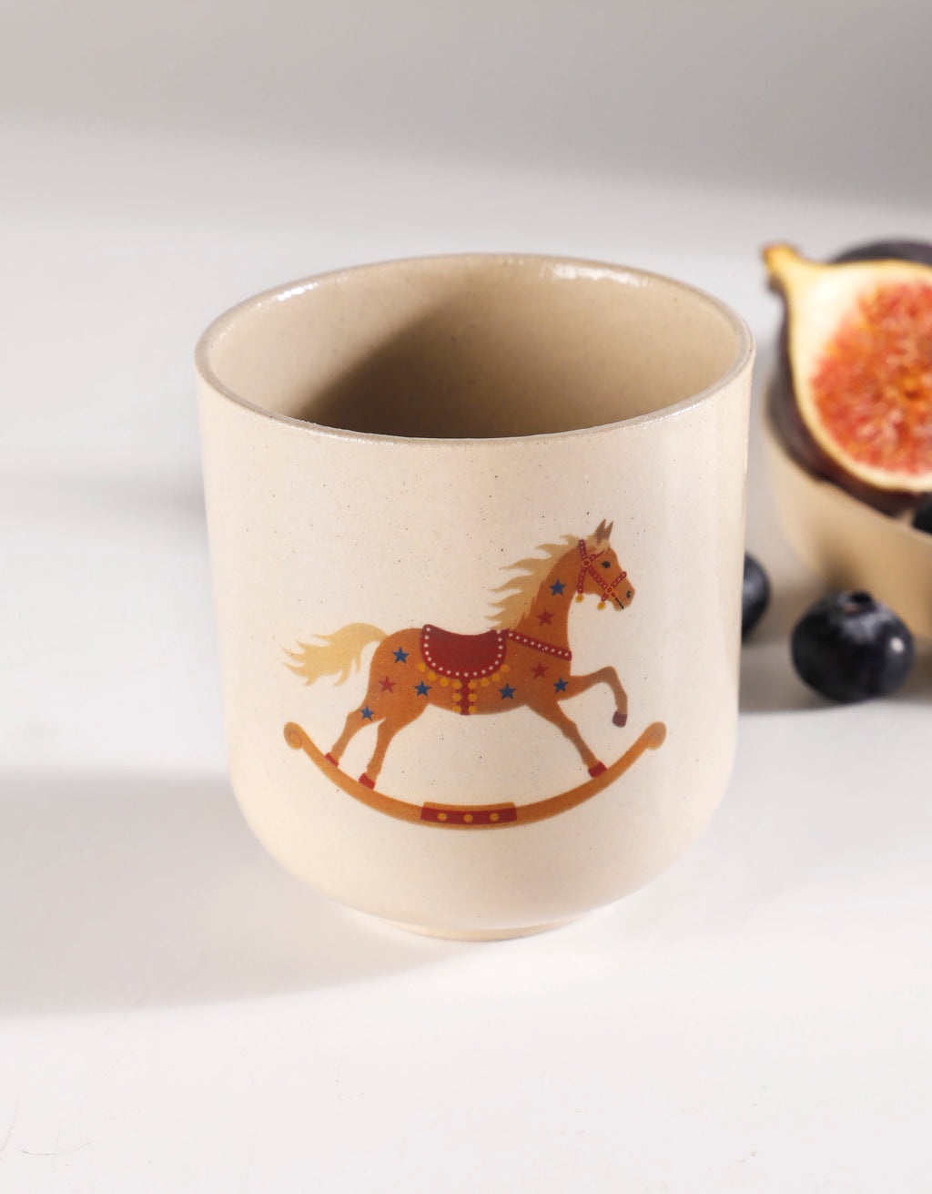 Handmade Caramel Carousel Rocking Horse with Red & Blue Stars Ceramic Stoneware Handleless Cup