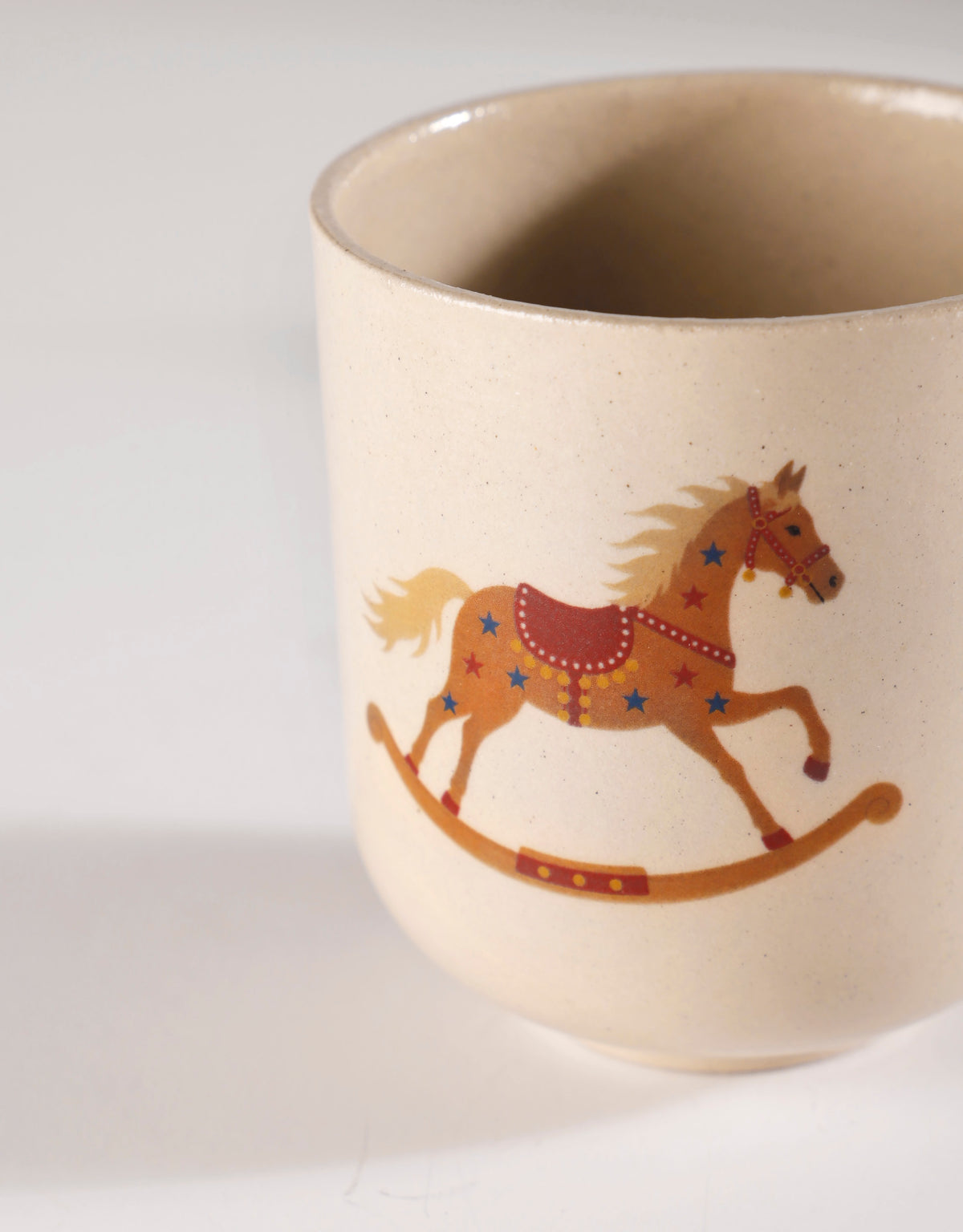 Handmade Caramel Carousel Rocking Horse with Red & Blue Stars Ceramic Stoneware Handleless Cup