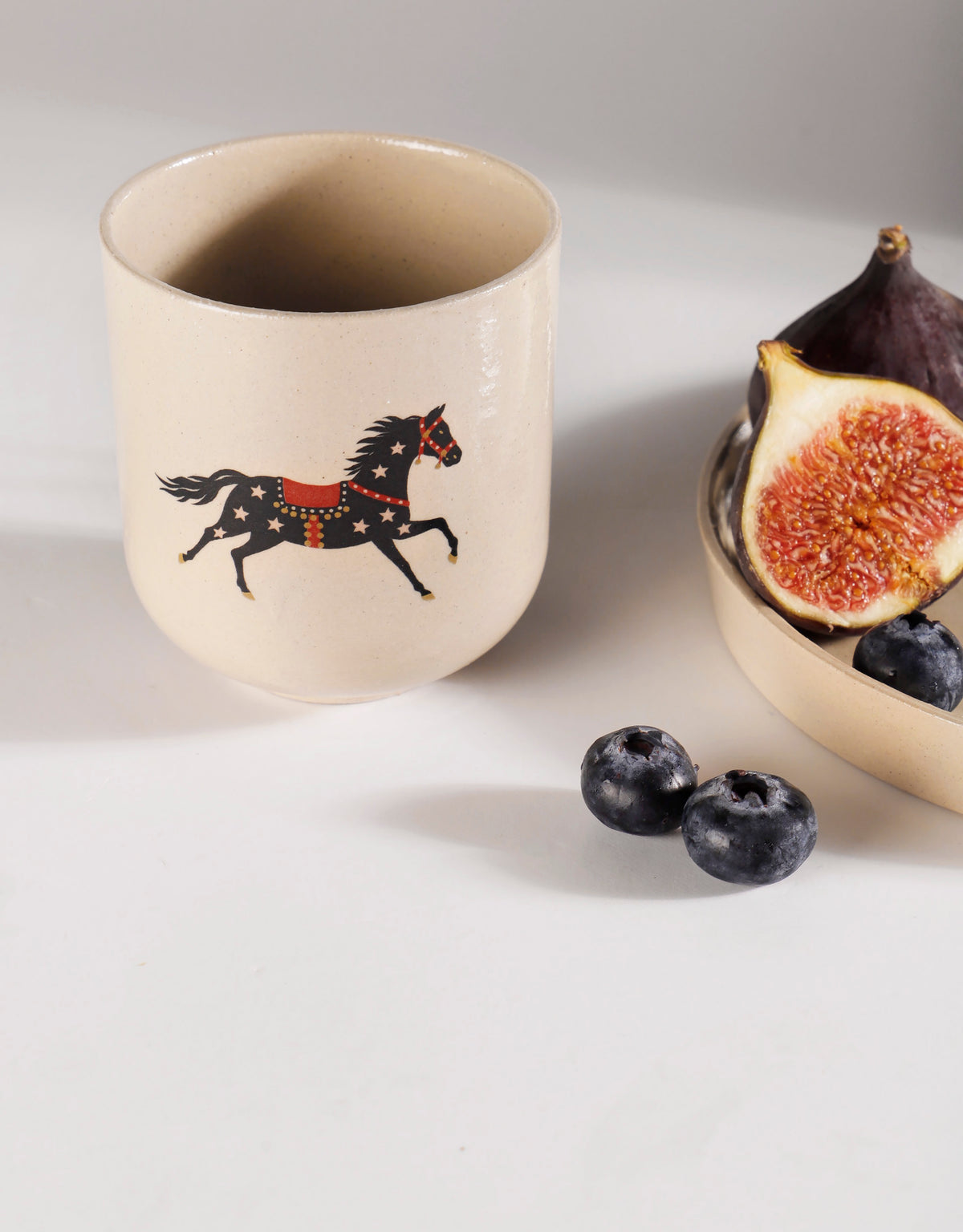 Handmade Black Horse with Pink Stars Ceramic Stoneware Handleless Cup