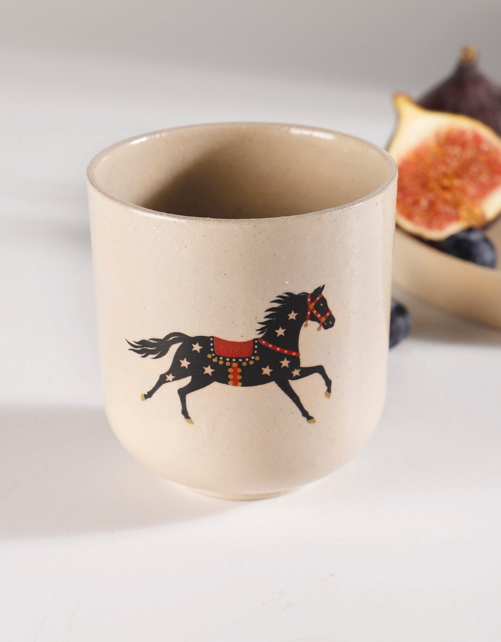 Handmade Black Horse with Pink Stars Ceramic Stoneware Handleless Cup