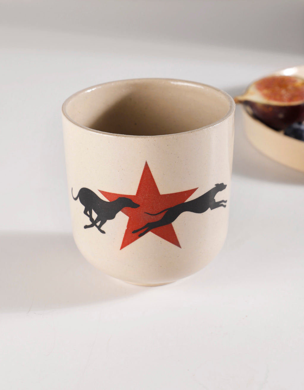 Handmade Running Greyhounds & Red Star Ceramic Stoneware Handleless Cup