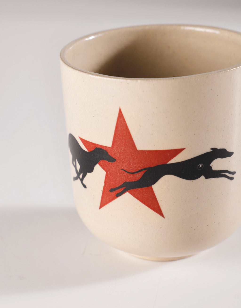 Handmade Running Greyhounds & Red Star Ceramic Stoneware Handleless Cup