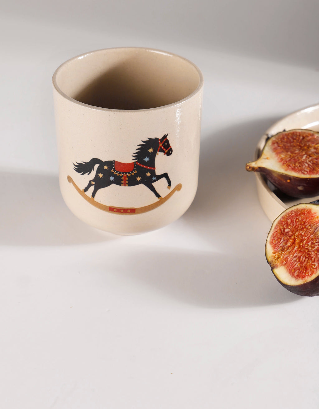 Handmade Black Rocking Horse with Cream & Blue Stars Ceramic Stoneware Handleless Cup