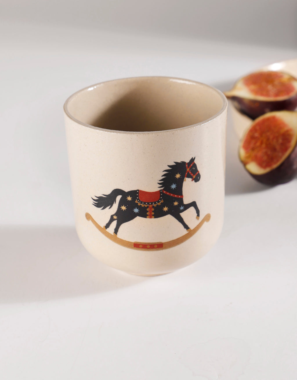 Handmade Black Rocking Horse with Cream & Blue Stars Ceramic Stoneware Handleless Cup