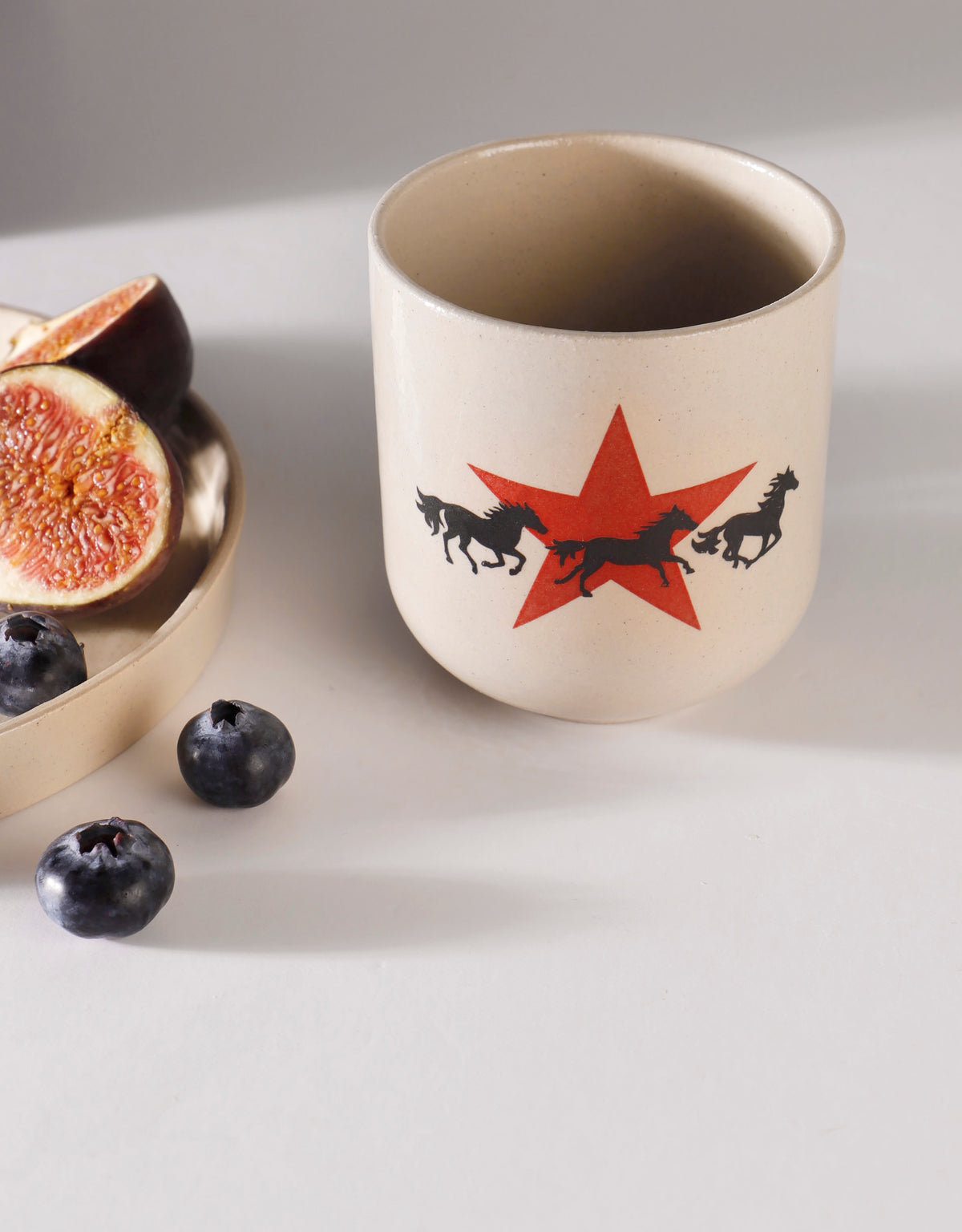 Handmade Trio of Black Horses & Red Star Ceramic Stoneware Handleless Cup