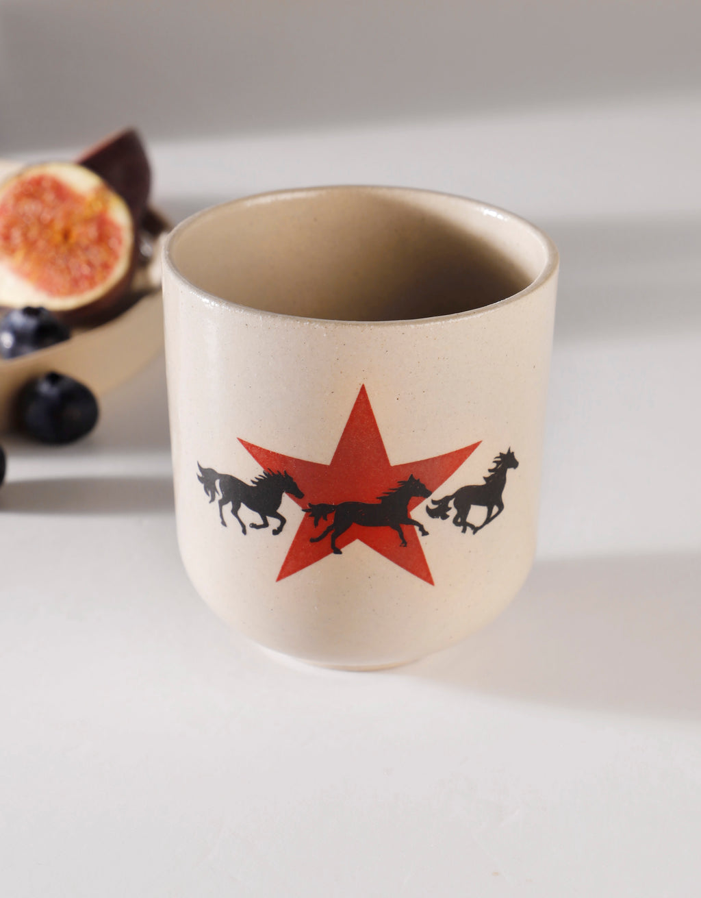 Handmade Trio of Black Horses & Red Star Ceramic Stoneware Handleless Cup