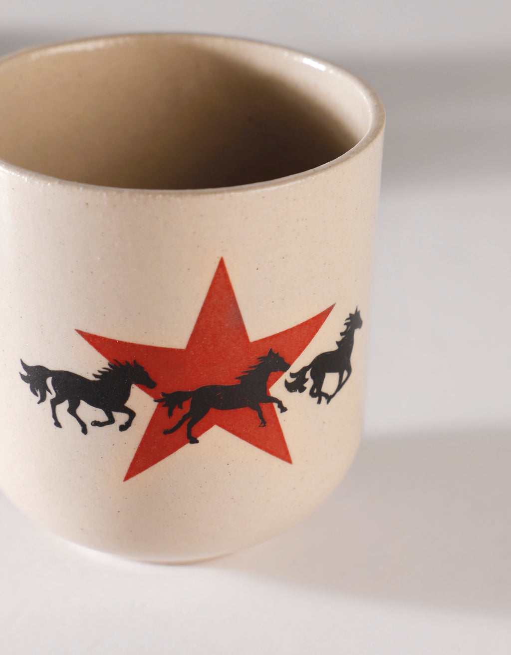 Handmade Trio of Black Horses & Red Star Ceramic Stoneware Handleless Cup