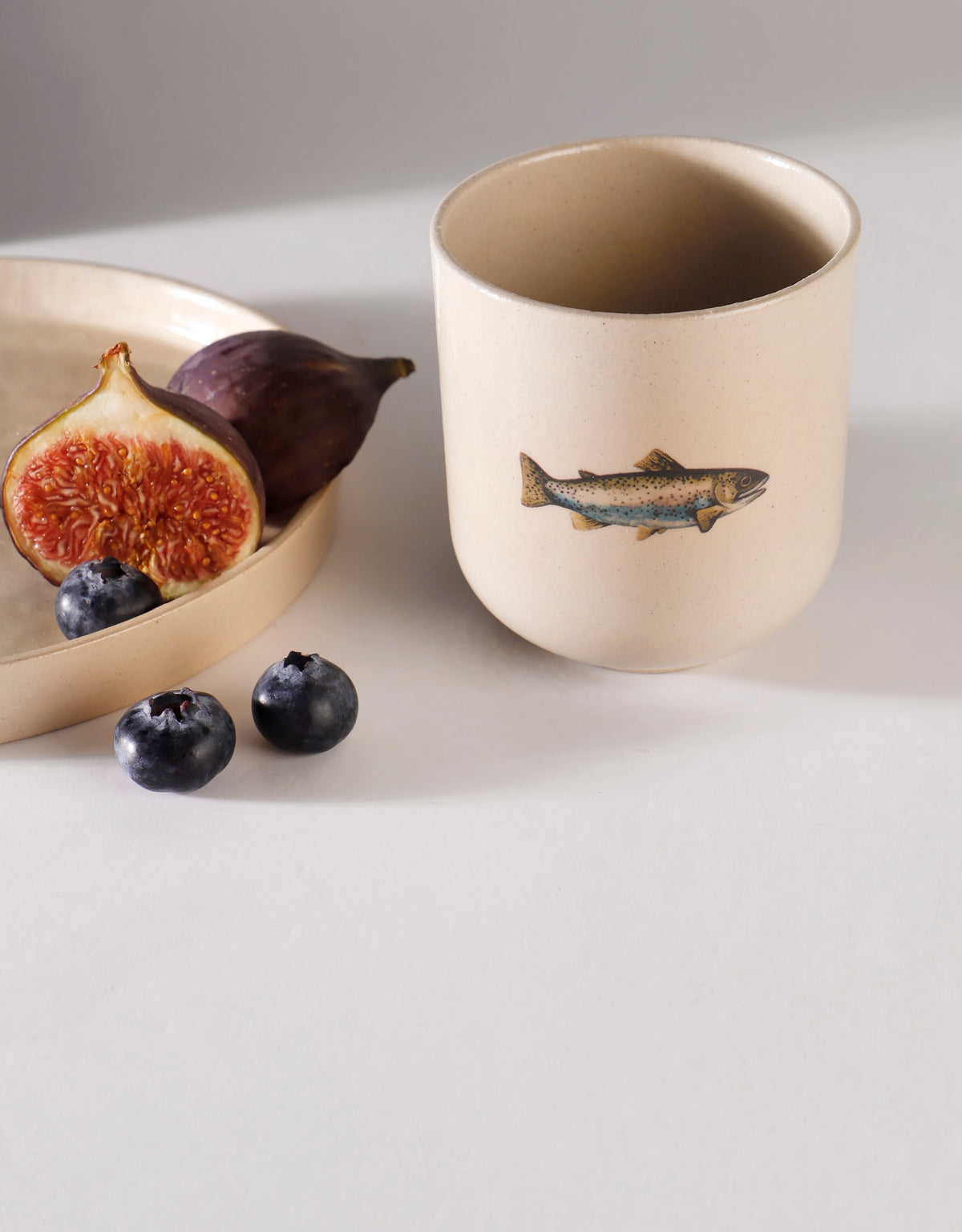 Handmade Silver Blue Stickleback Fish Ceramic Stoneware Handleless Cup