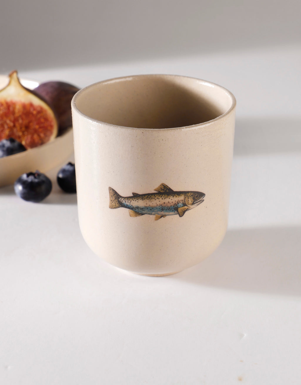 Handmade Silver Blue Stickleback Fish Ceramic Stoneware Handleless Cup