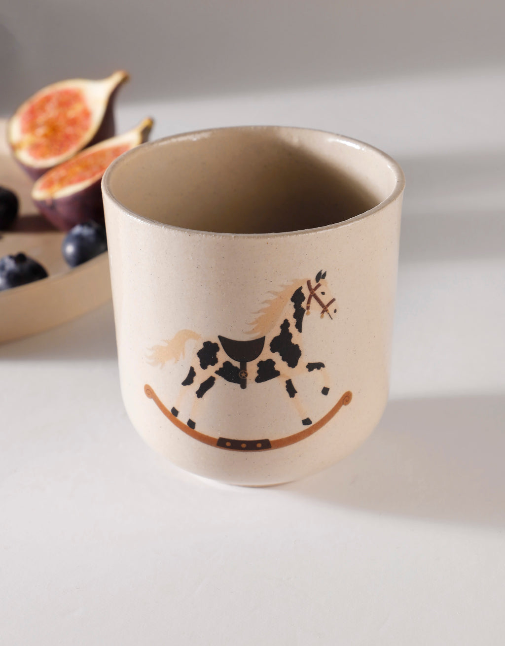 Handmade Black & Cream Rocking Horse Ceramic Stoneware Handleless Cup
