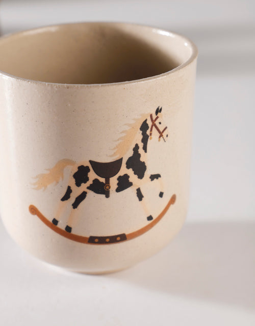Handmade Black & Cream Rocking Horse Ceramic Stoneware Handleless Cup