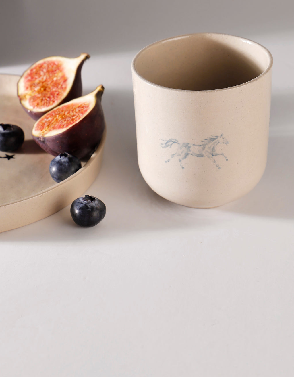 WRAPAROUND CUP DESIGN Handmade Watercolour Blue, Pink & Green Horses Ceramic Stoneware Handleless Cup