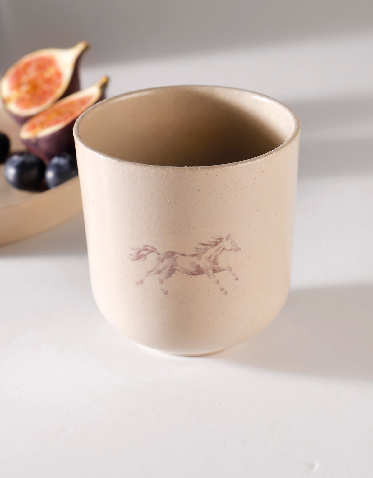 WRAPAROUND CUP DESIGN Handmade Watercolour Blue, Pink & Green Horses Ceramic Stoneware Handleless Cup