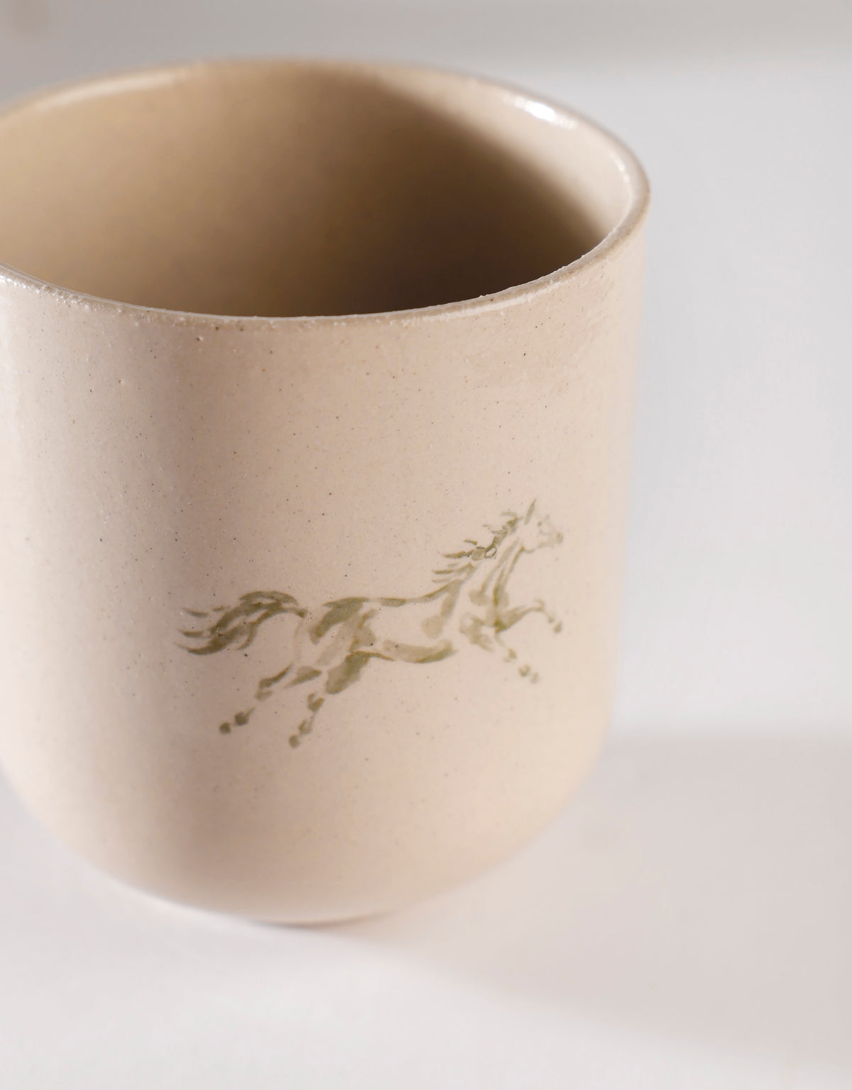 WRAPAROUND CUP DESIGN Handmade Watercolour Blue, Pink & Green Horses Ceramic Stoneware Handleless Cup