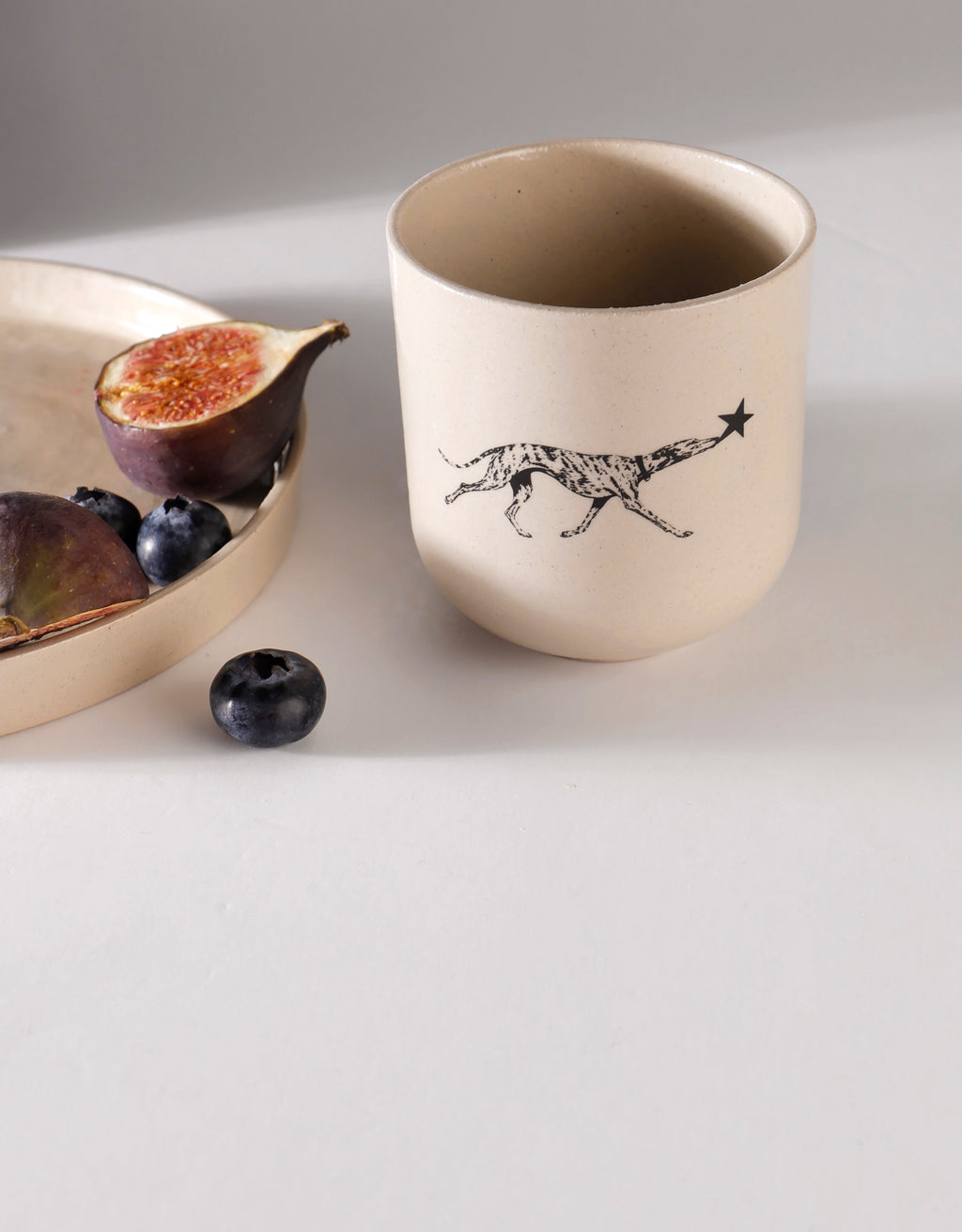 Handmade Black Brindle Greyhound & Star Ceramic Stoneware Handleless Cup