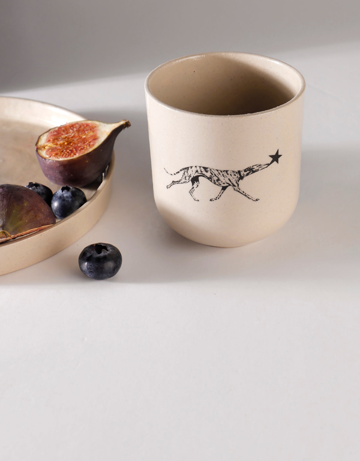 Handmade Black Brindle Greyhound & Star Ceramic Stoneware Handleless Cup
