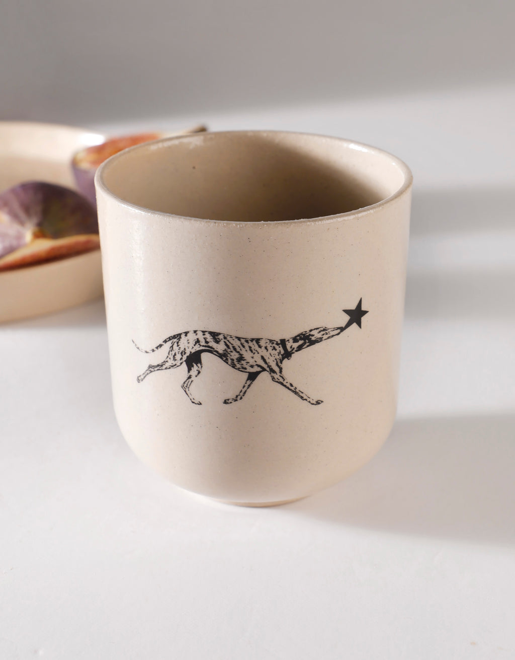 Handmade Black Brindle Greyhound & Star Ceramic Stoneware Handleless Cup