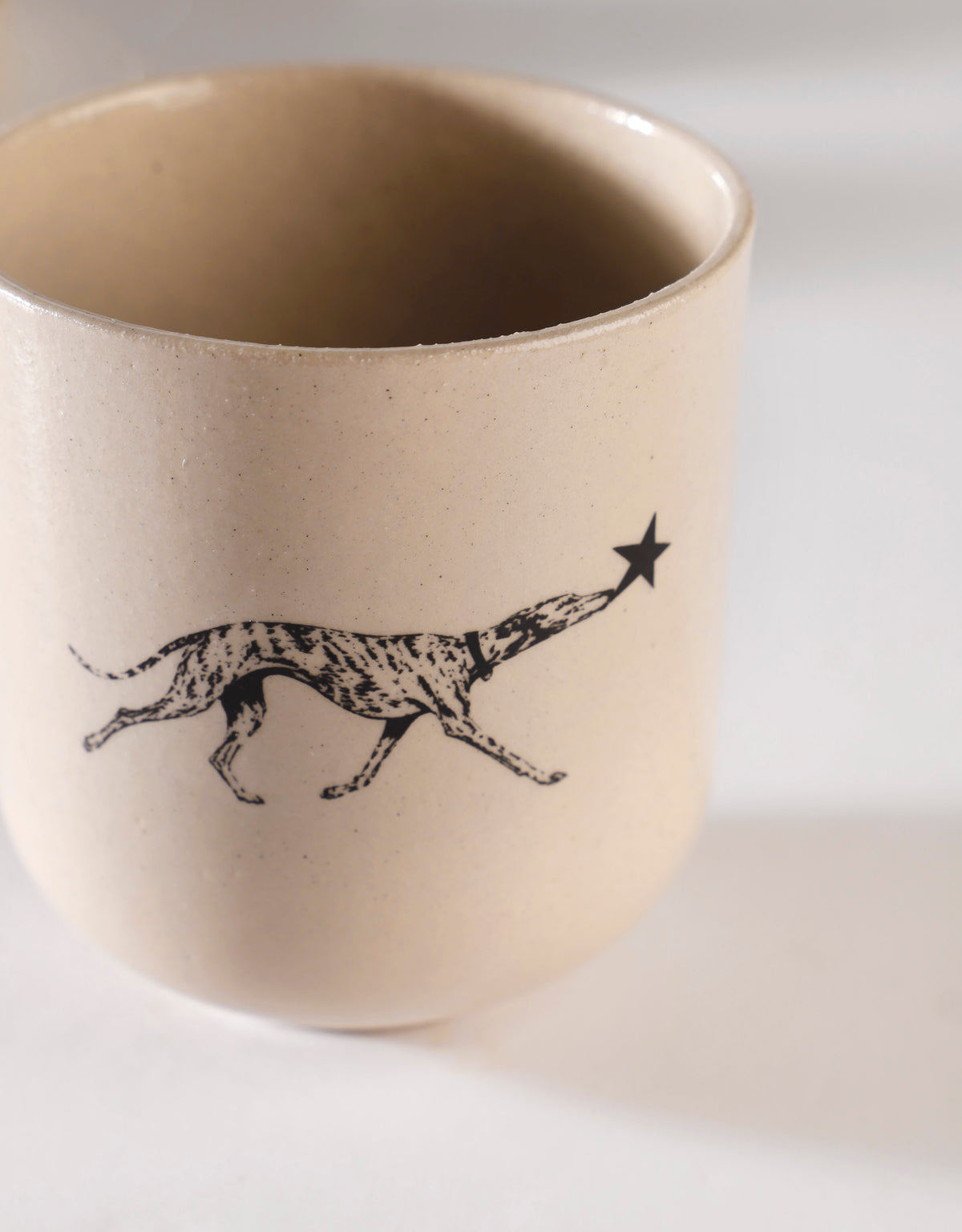 Handmade Black Brindle Greyhound & Star Ceramic Stoneware Handleless Cup