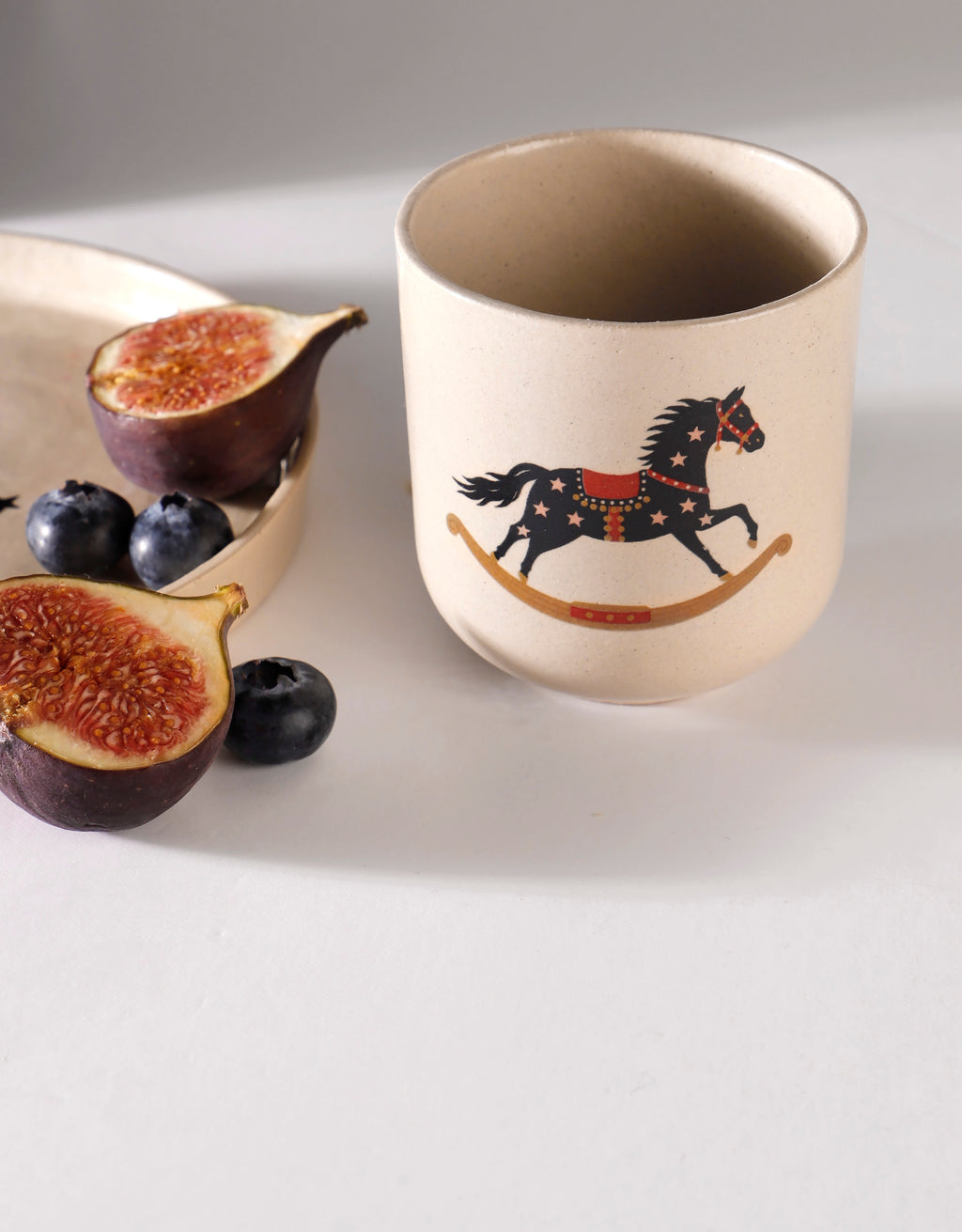 Handmade Black Rocking Horse with Pink Stars Ceramic Stoneware Handleless Cup
