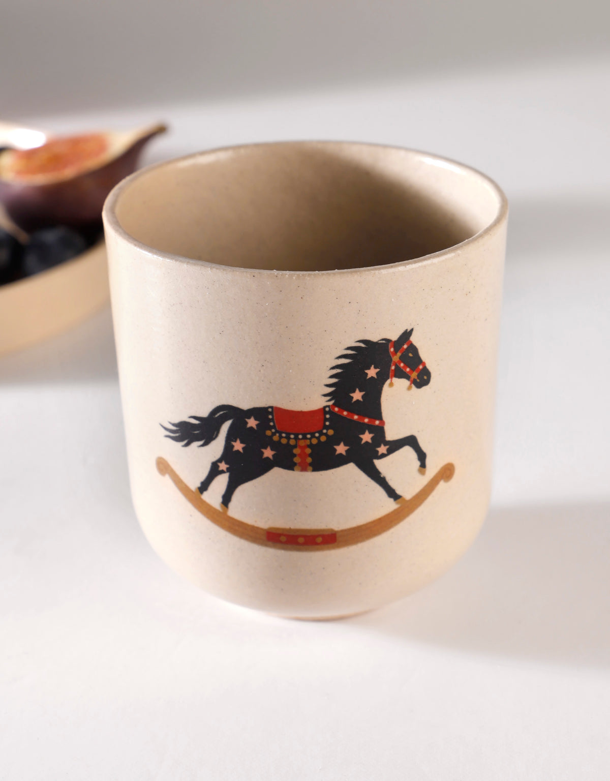 Handmade Black Rocking Horse with Pink Stars Ceramic Stoneware Handleless Cup