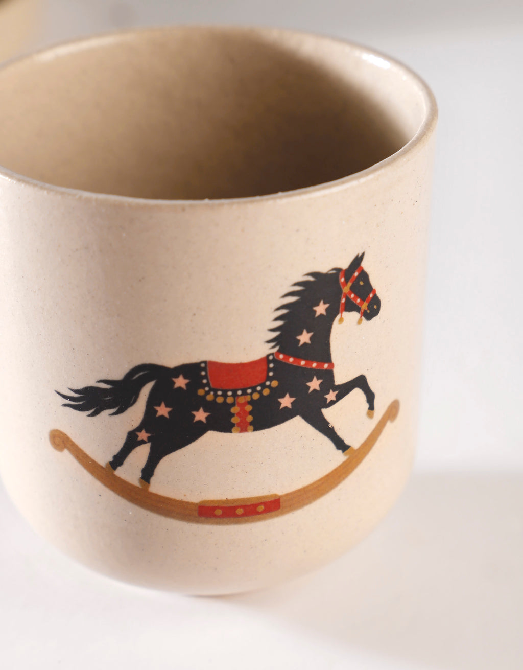 Handmade Black Rocking Horse with Pink Stars Ceramic Stoneware Handleless Cup