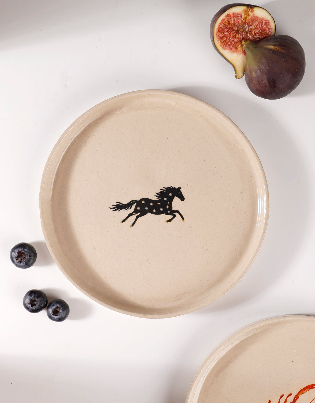 Handmade Black Horse with Blue & Cream Star Ceramic Stoneware Side Plate