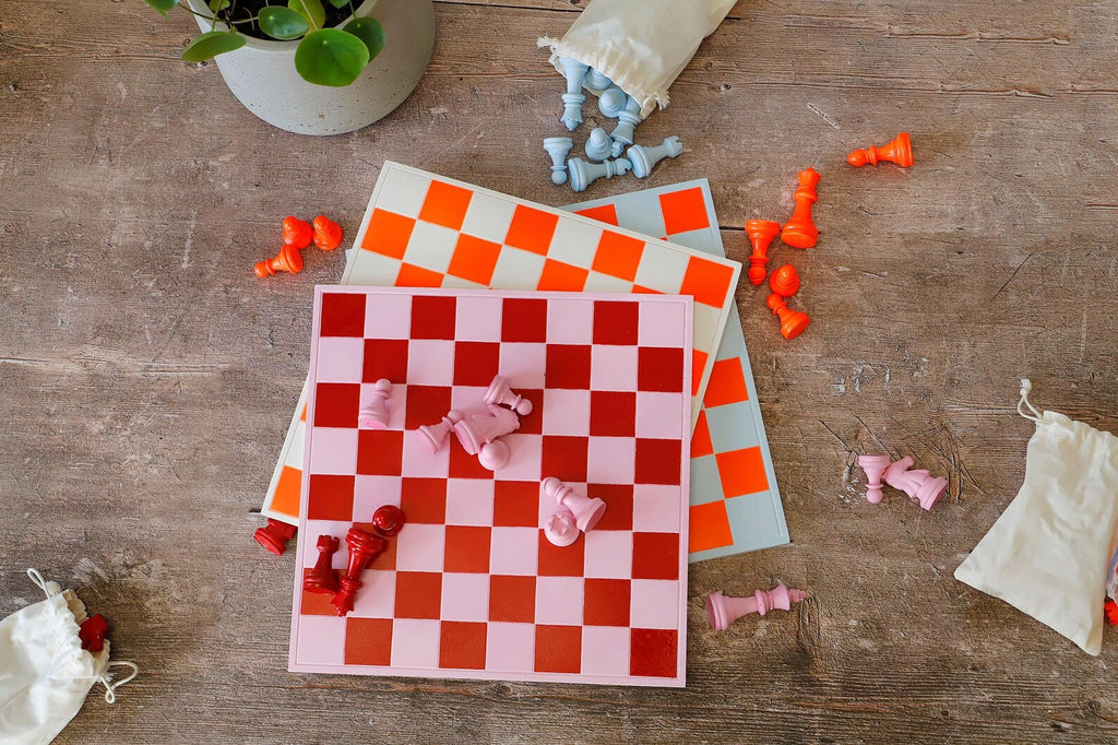 Handmade Baby Blue & Neon Orange Chess Set