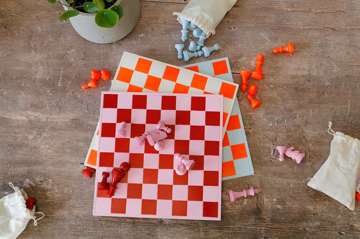 Handmade Baby Blue & Neon Orange Chess Set