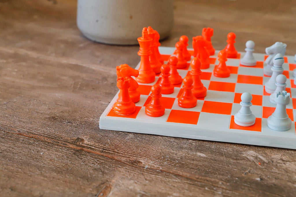 Handmade Baby Blue & Neon Orange Chess Set