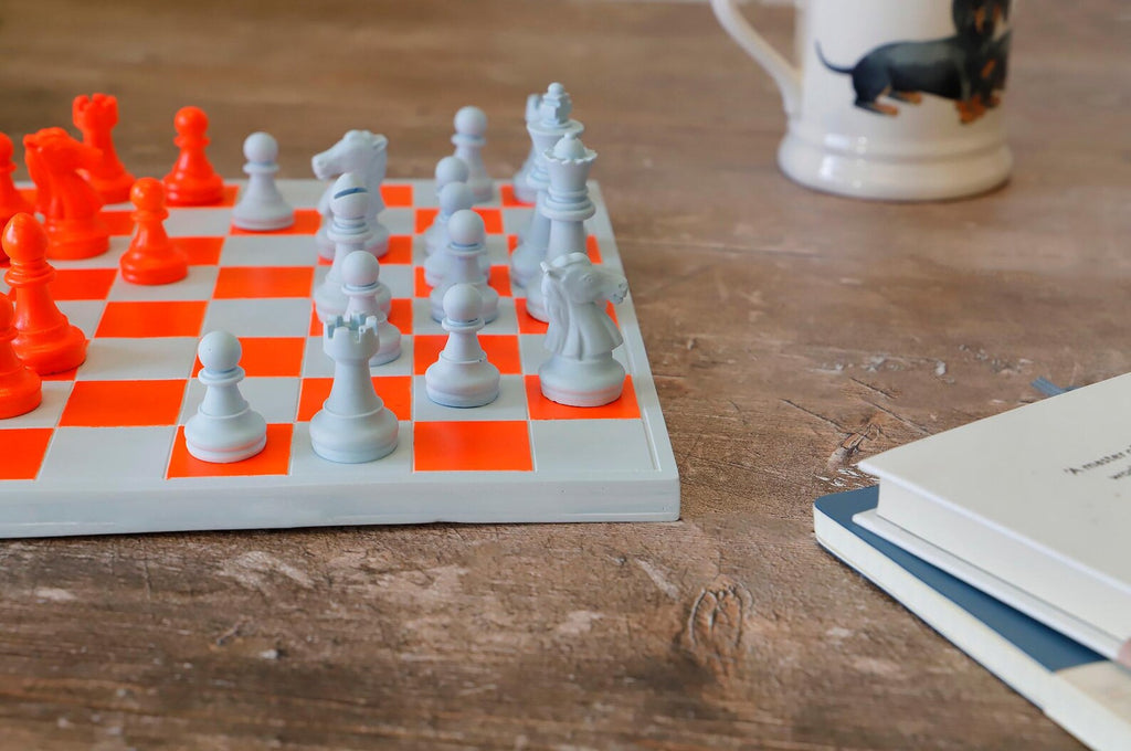 Handmade Baby Blue & Neon Orange Chess Set