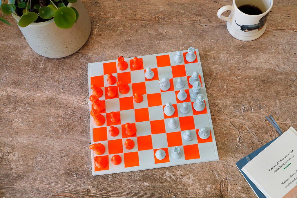 Handmade Baby Blue & Neon Orange Chess Set