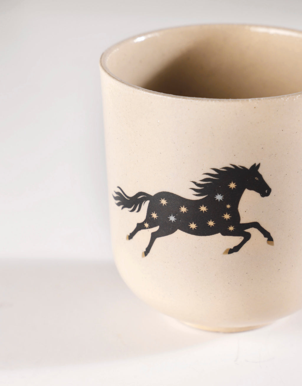 Handmade Black Horse with Cream & Blue Stars Ceramic Stoneware Handleless Cup