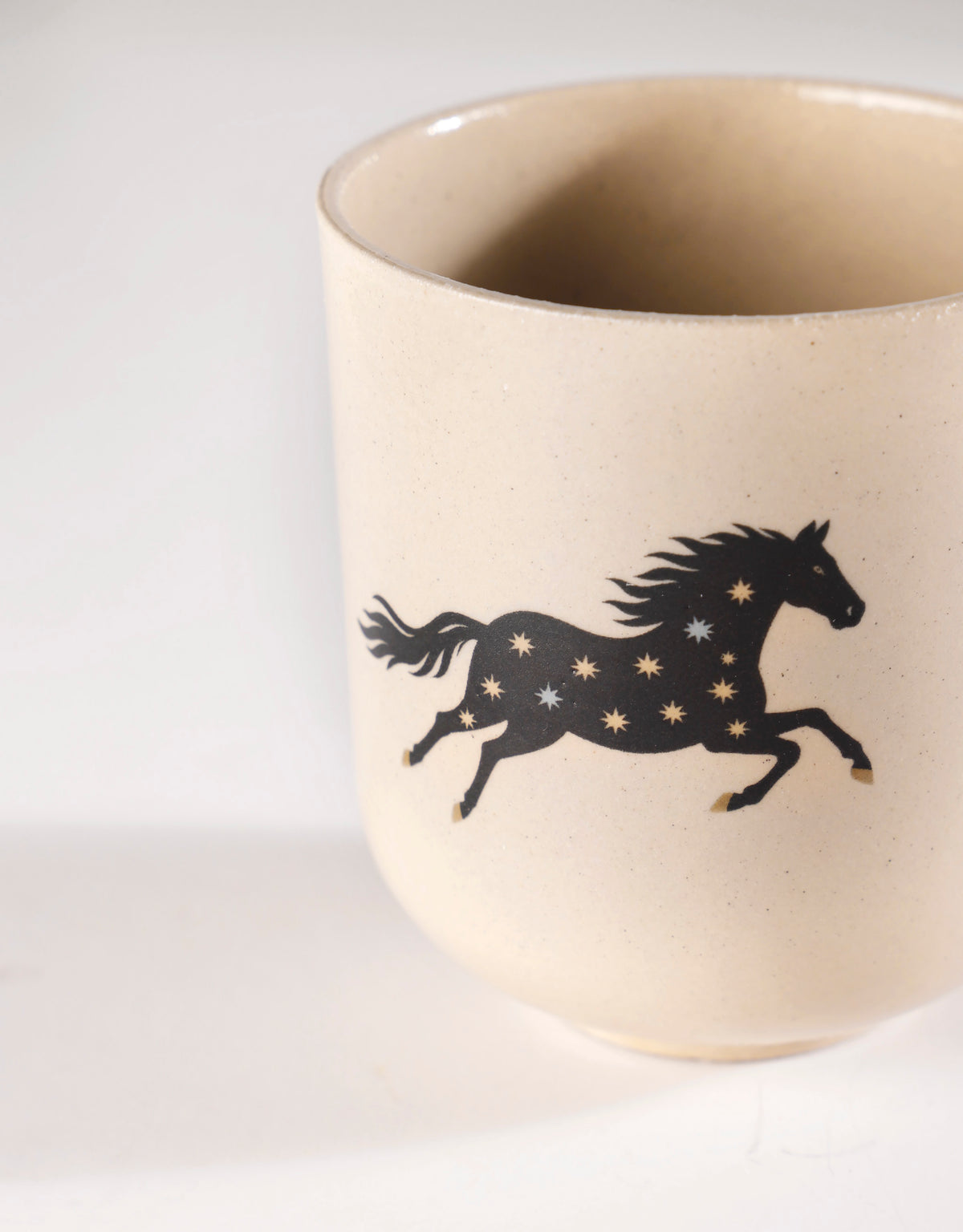Handmade Black Horse with Cream & Blue Stars Ceramic Stoneware Handleless Cup