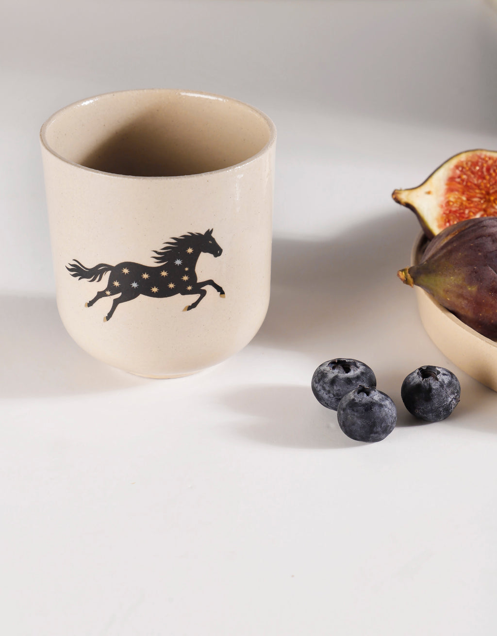 Handmade Black Horse with Cream & Blue Stars Ceramic Stoneware Handleless Cup