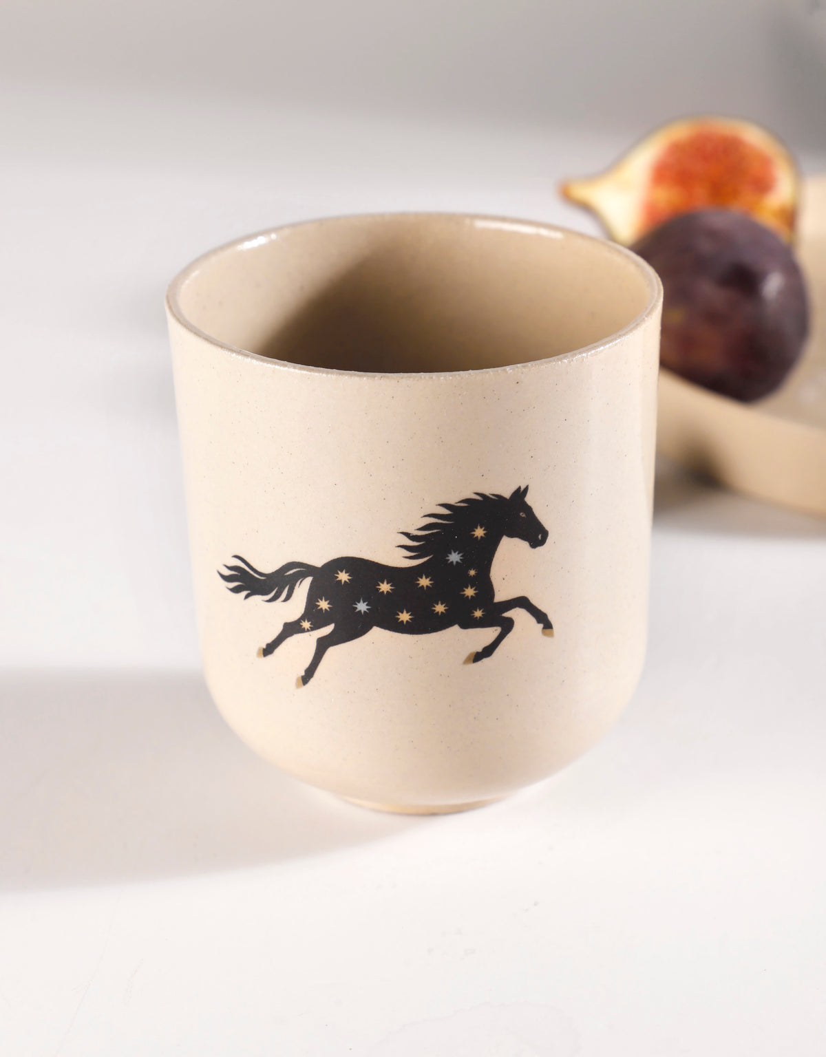 Handmade Black Horse with Cream & Blue Stars Ceramic Stoneware Handleless Cup